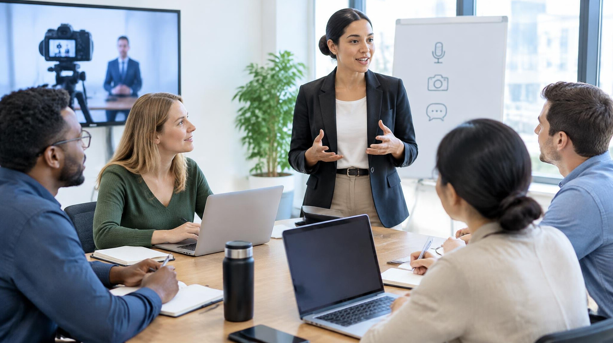 Small group collaborating during a media training session