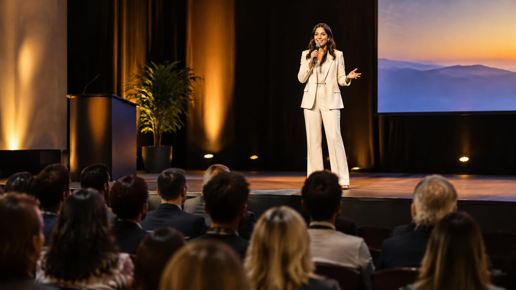 Speaker addressing an audience from a stage with a microphone