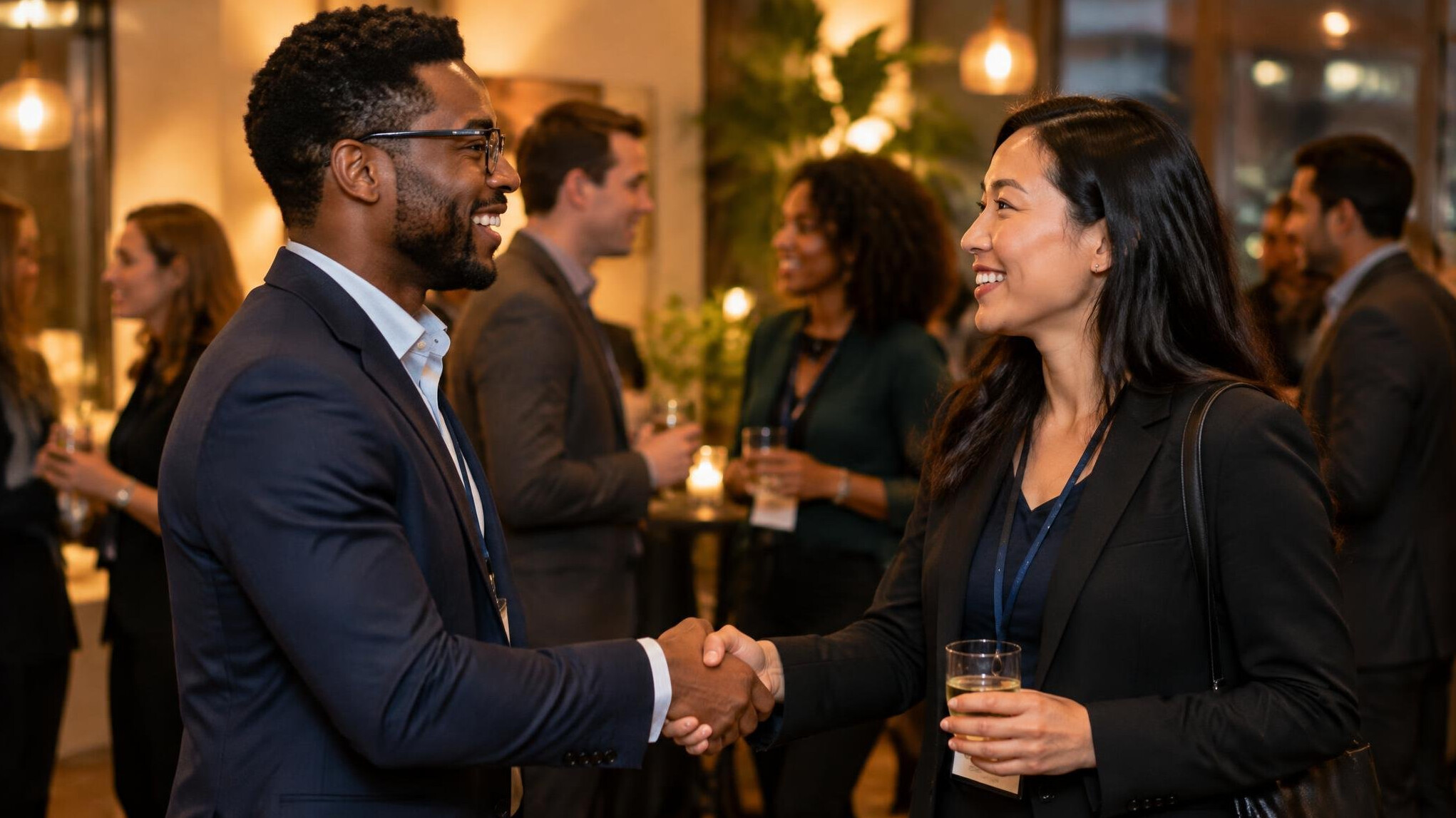 Professionals networking and shaking hands at an event